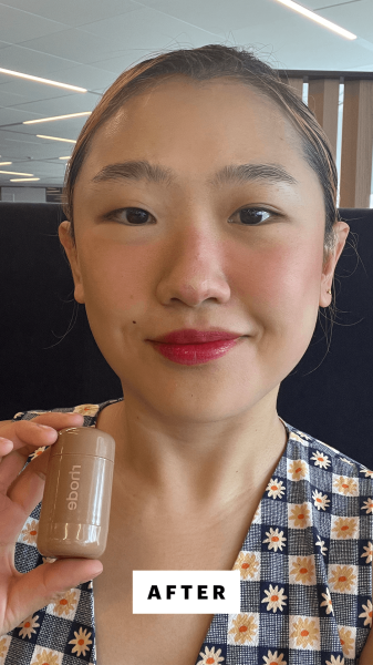 A selfie of Allure commerce editor Sarah Han after applying Rhode Pocket Blush in Toasted Teddy
