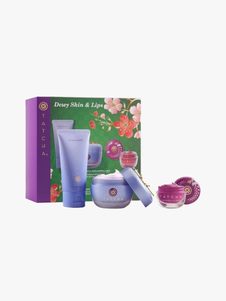 Tatcha Dewy Skin  Lips Hydrating Ritual Set in multiple branded components on a light gray background