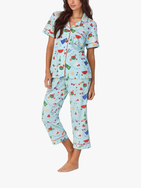 BedHead Pajamas Print Stretch Organic Cotton Crop Pajamas in branded components on a light gray background