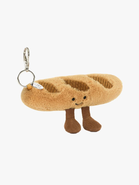 Jellycat Amuseables Baguette Bag Charm in branded component on a light gray background