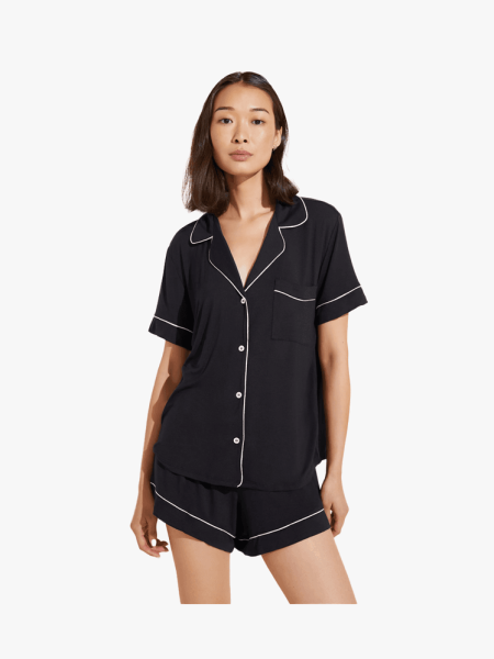 Eberjey Gisele Relaxed Jersey Knit Short Pajamas in branded component on a light gray background