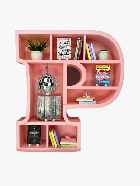 Etsy Custom Mini Initial Bookshelf in branded component on a light gray background