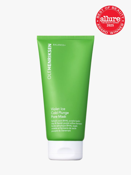 OLEHENRIKSEN Violet Ice Cold Plunge Pore Mask in branded green tube with white cap on light gray background with red Allure Best of Beauty seal in the top right corner